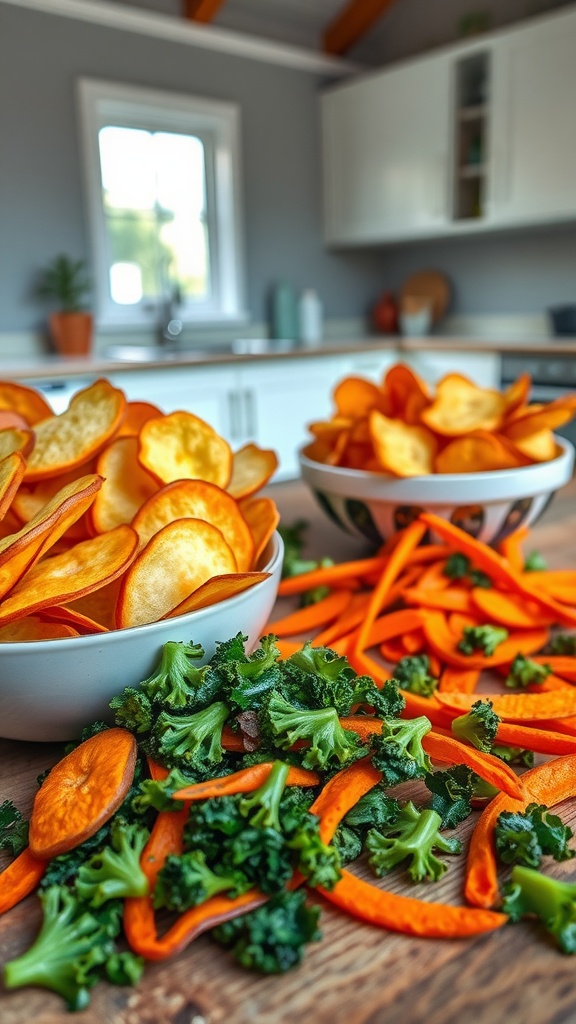A variety of crispy snacks including apple chips, kale chips, and carrot chips on a wooden table.